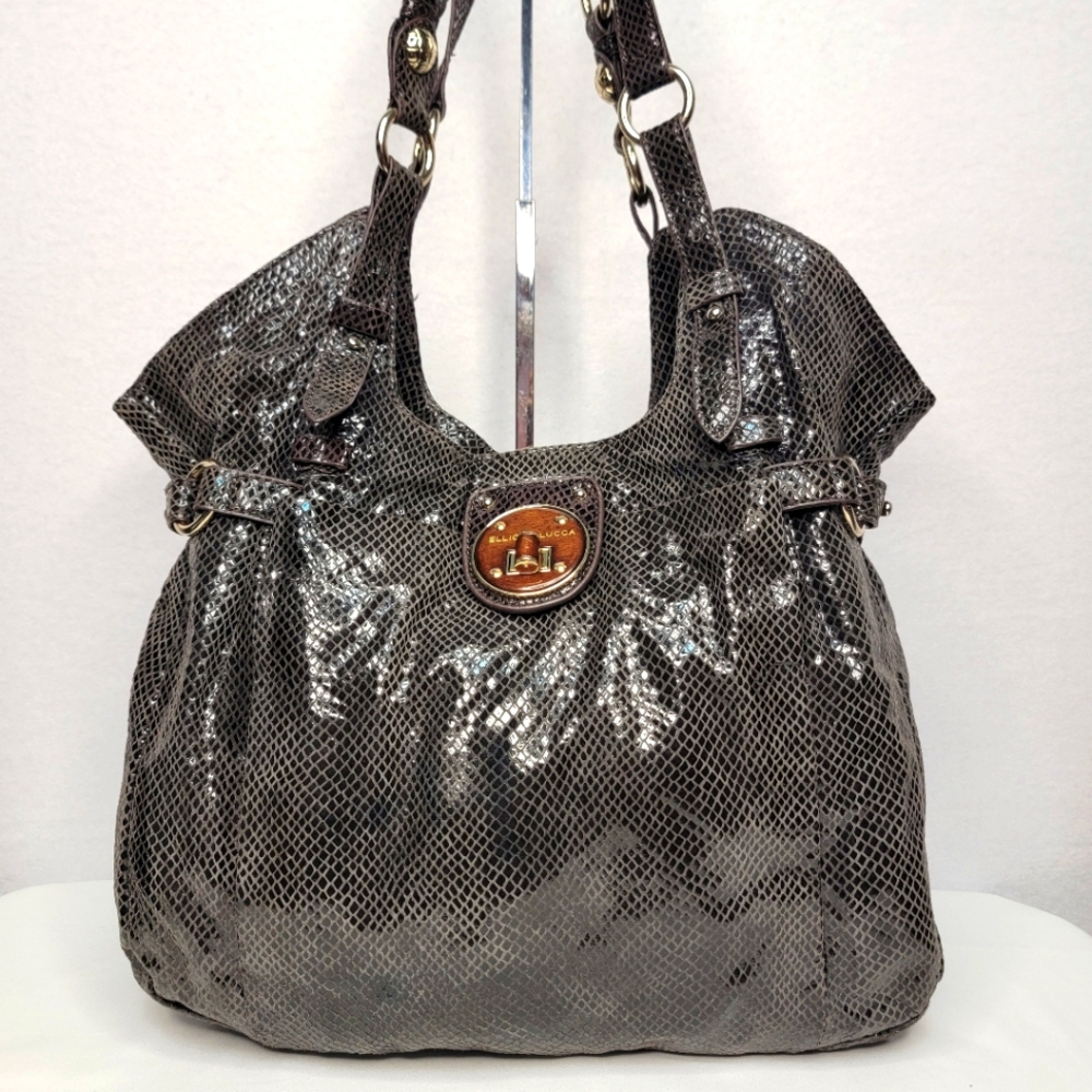 Elliott Lucca Leather Snakeskin Print Metallic Shimmer Shoulder Bag.‎ P178